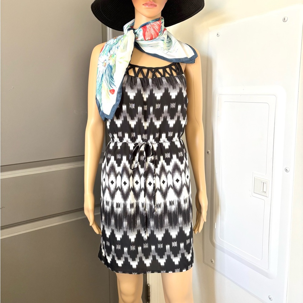 Dress +scarf Black White Ikat Dress City Triangles plus scarf floral red